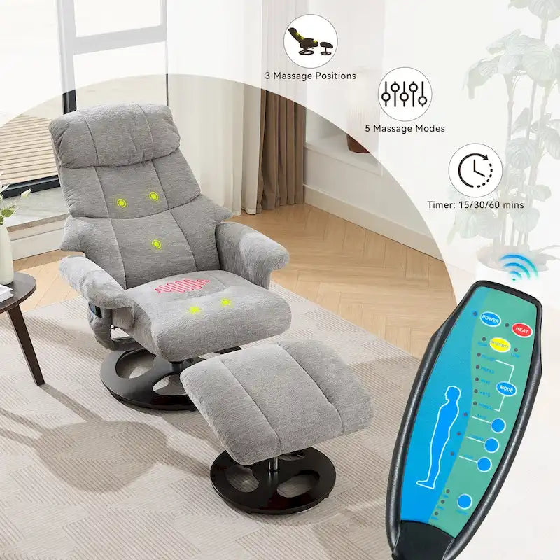 Fauteuil inclinable pivotant à 360° en chenille grise avec ottoman, massage, chauffage et télécommande – 1 personne
