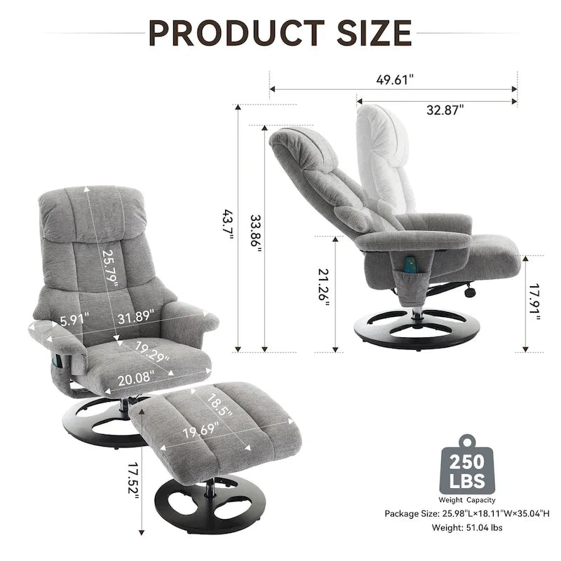 Fauteuil inclinable pivotant à 360° en chenille grise avec ottoman, massage, chauffage et télécommande – 1 personne
