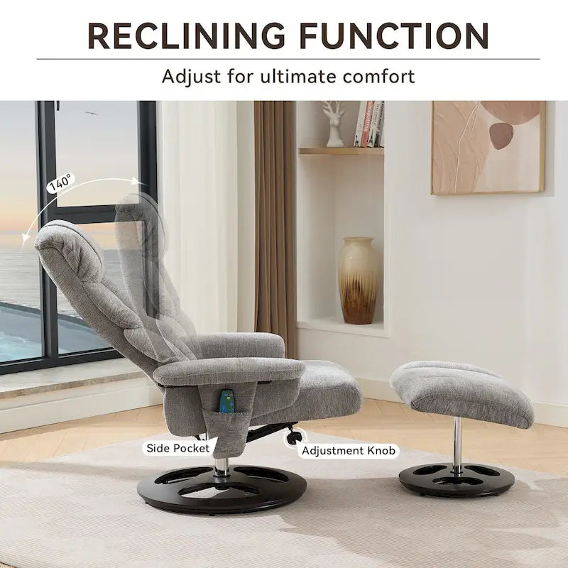 Fauteuil inclinable pivotant à 360° en chenille grise avec ottoman, massage, chauffage et télécommande – 1 personne
