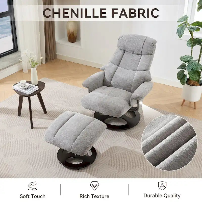 Fauteuil inclinable pivotant à 360° en chenille grise avec ottoman, massage, chauffage et télécommande – 1 personne