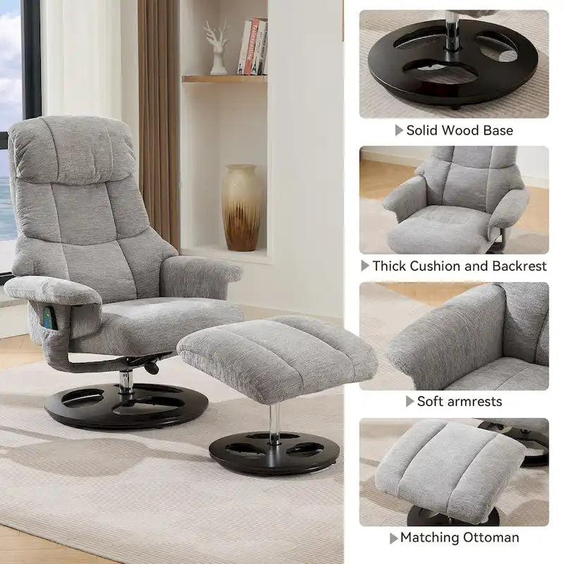 Fauteuil inclinable pivotant à 360° en chenille grise avec ottoman, massage, chauffage et télécommande – 1 personne