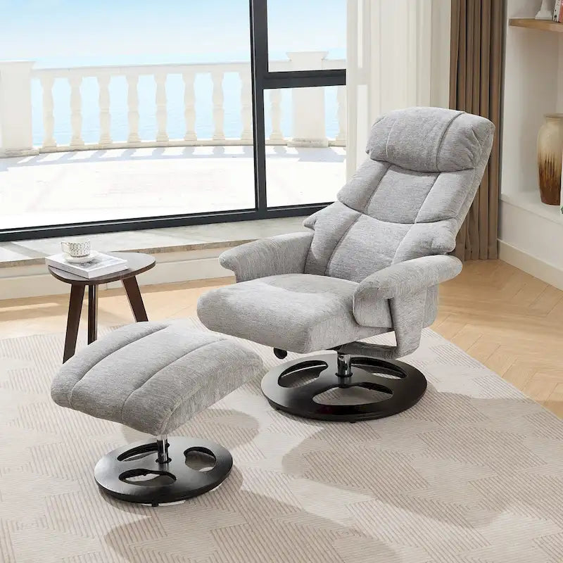 Fauteuil inclinable pivotant à 360° en chenille grise avec ottoman, massage, chauffage et télécommande – 1 personne