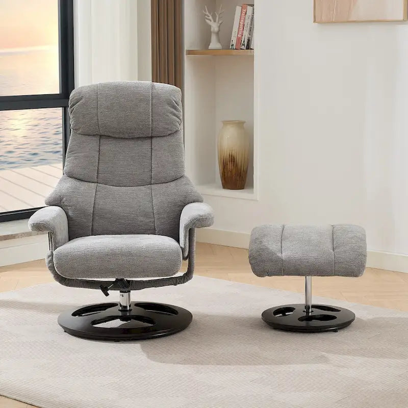 Fauteuil inclinable pivotant à 360° en chenille grise avec ottoman, massage, chauffage et télécommande – 1 personne