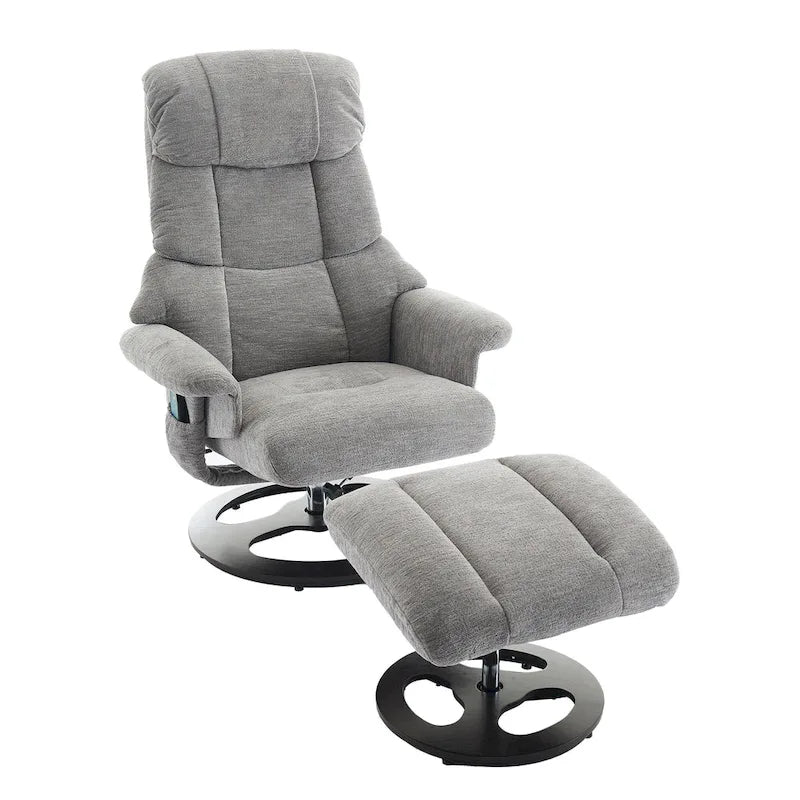 Fauteuil inclinable pivotant à 360° en chenille grise avec ottoman, massage, chauffage et télécommande – 1 personne
