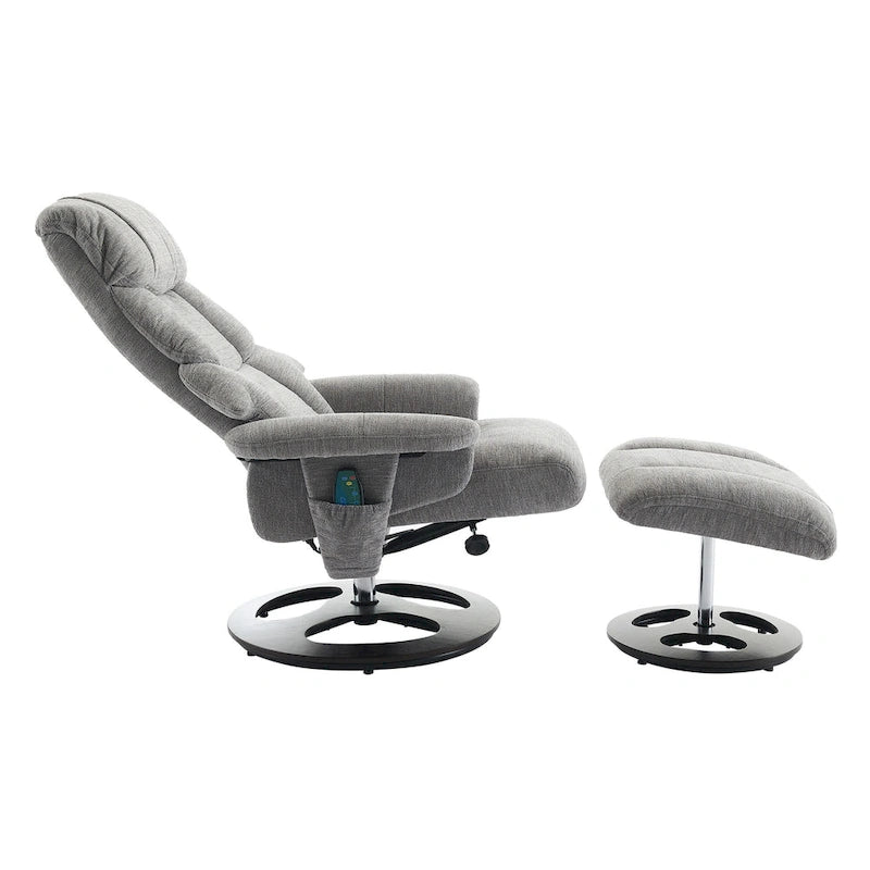 Fauteuil inclinable pivotant à 360° en chenille grise avec ottoman, massage, chauffage et télécommande – 1 personne