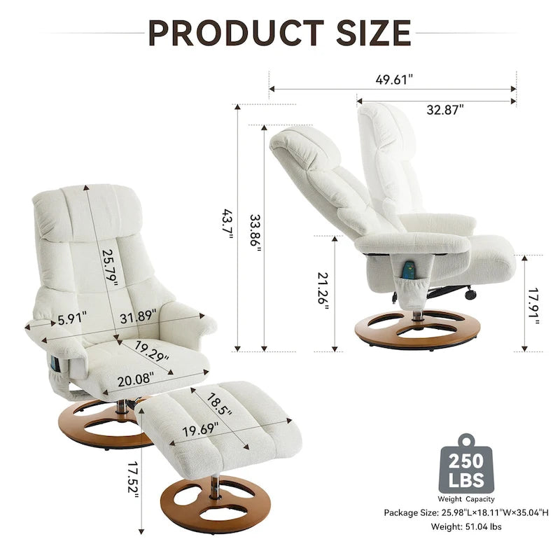 Fauteuil inclinable pivotant à 360° en chenille grise avec ottoman, massage, chauffage et télécommande – 1 personne