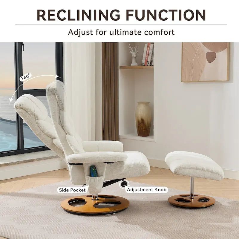 Fauteuil inclinable pivotant à 360° en chenille grise avec ottoman, massage, chauffage et télécommande – 1 personne