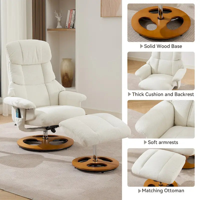 Fauteuil inclinable pivotant à 360° en chenille grise avec ottoman, massage, chauffage et télécommande – 1 personne