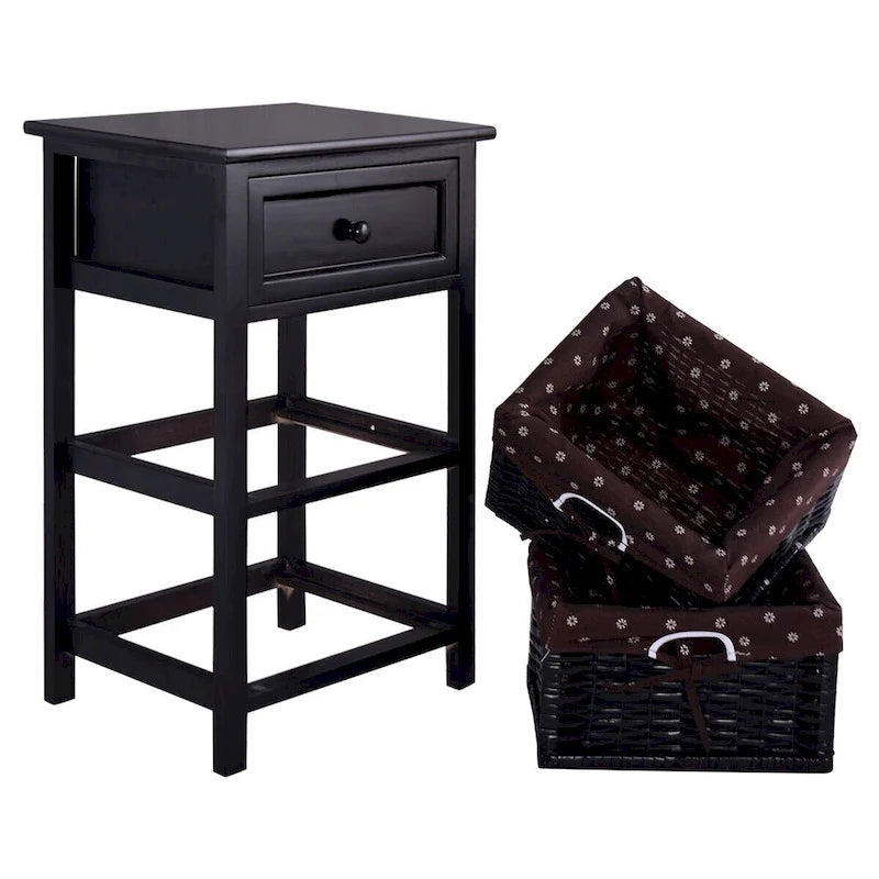 Table de chevet noire à 3 niveaux en bois de paulownia avec 1 tiroir et 2 paniers de rangement amovibles