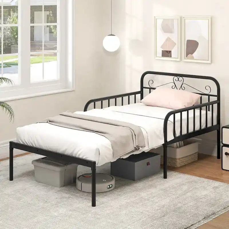 Lit de repos extensible en métal robuste blanc/noir avec balustrades et accoudoirs sculptés – S'étend jusqu'au format double – 1 personne