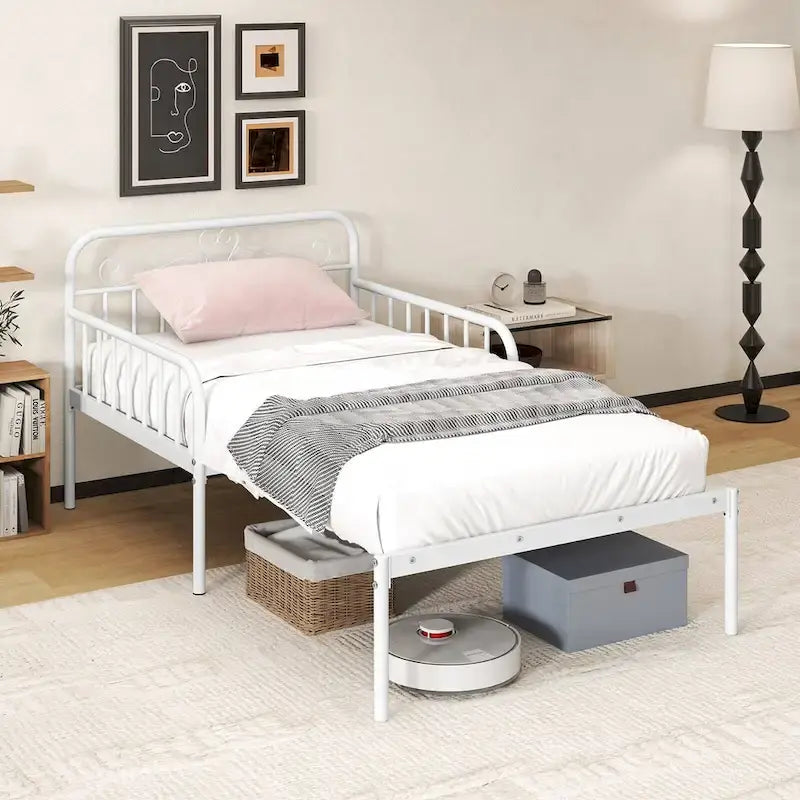 Lit de repos extensible en métal robuste blanc/noir avec balustrades et accoudoirs sculptés – S'étend jusqu'au format double – 1 personne
