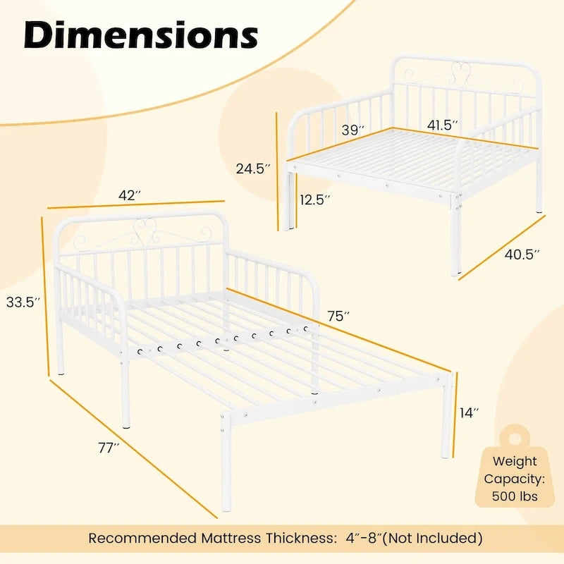 Lit de repos extensible en métal robuste blanc/noir avec balustrades et accoudoirs sculptés – S'étend jusqu'au format double – 1 personne