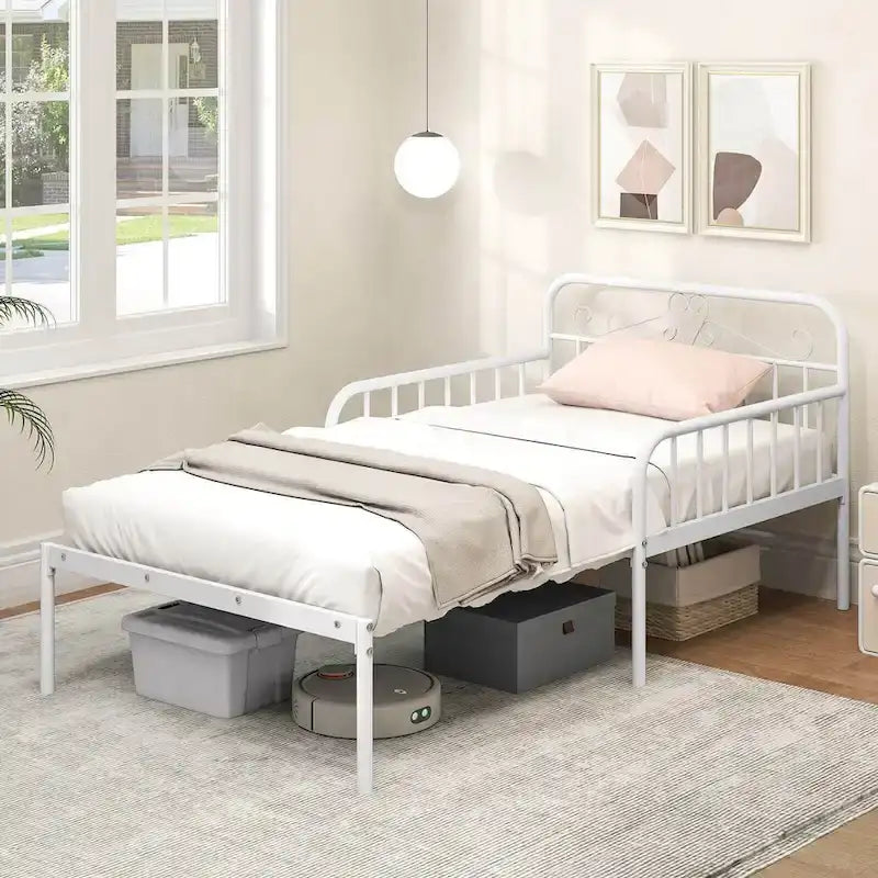 Lit de repos extensible en métal robuste blanc/noir avec balustrades et accoudoirs sculptés – S'étend jusqu'au format double – 1 personne
