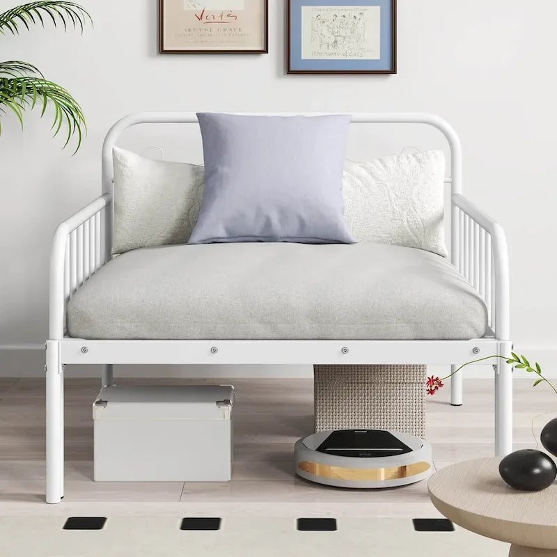 Lit de repos extensible en métal robuste blanc/noir avec balustrades et accoudoirs sculptés – S'étend jusqu'au format double – 1 personne