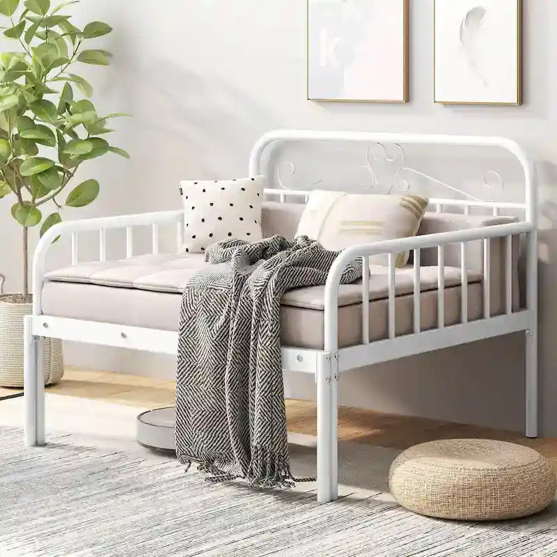 Lit de repos extensible en métal robuste blanc/noir avec balustrades et accoudoirs sculptés – S'étend jusqu'au format double – 1 personne