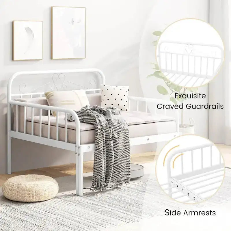 Lit de repos extensible en métal robuste blanc/noir avec balustrades et accoudoirs sculptés – S'étend jusqu'au format double – 1 personne