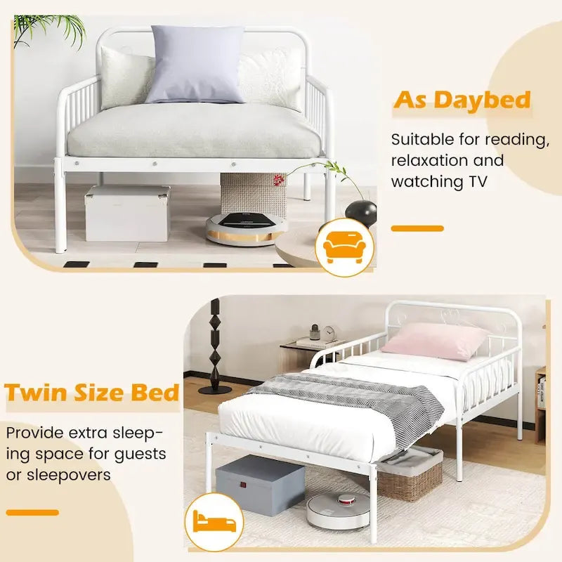 Lit de repos extensible en métal robuste blanc/noir avec balustrades et accoudoirs sculptés – S'étend jusqu'au format double – 1 personne