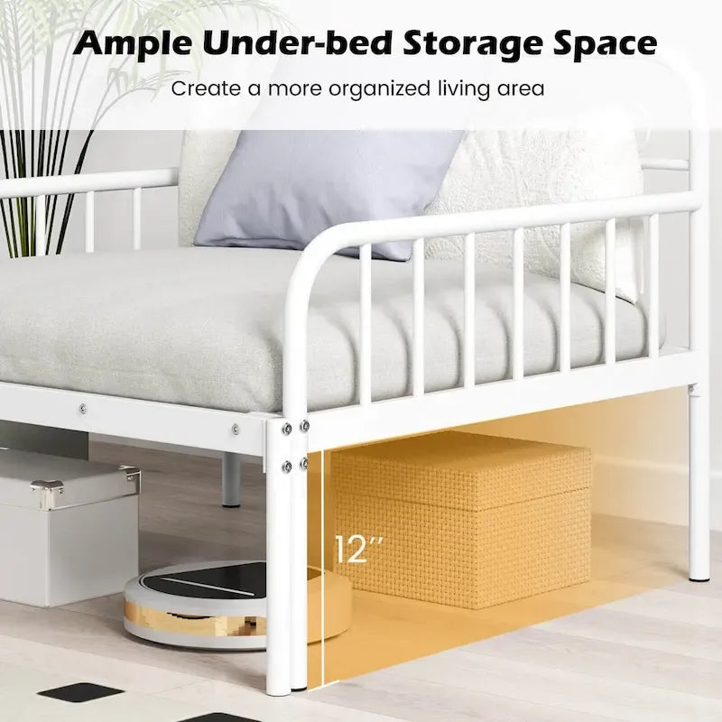 Lit de repos extensible en métal robuste blanc/noir avec balustrades et accoudoirs sculptés – S'étend jusqu'au format double – 1 personne