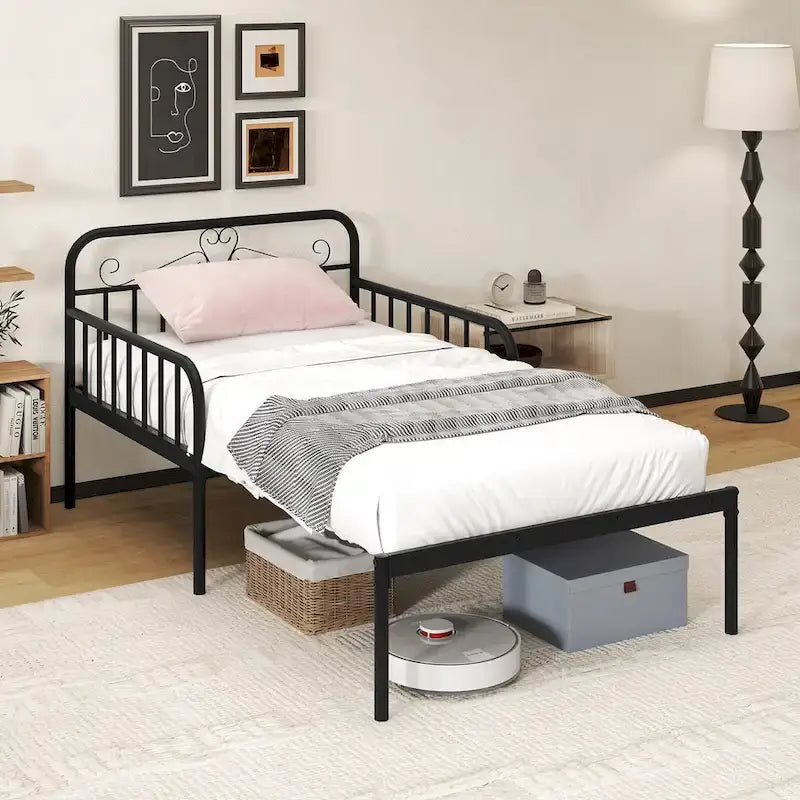Lit de repos extensible en métal robuste blanc/noir avec balustrades et accoudoirs sculptés – S'étend jusqu'au format double – 1 personne