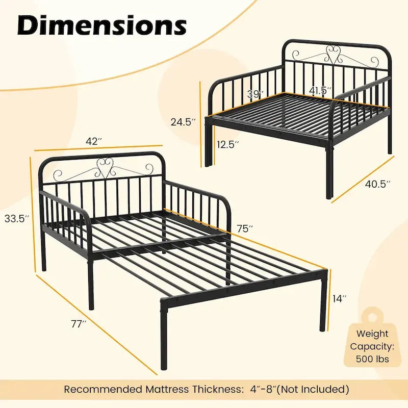 Lit de repos extensible en métal robuste blanc/noir avec balustrades et accoudoirs sculptés – S'étend jusqu'au format double – 1 personne
