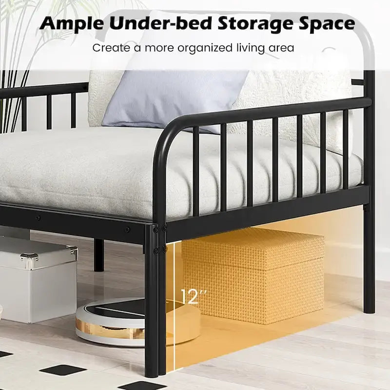 Lit de repos extensible en métal robuste blanc/noir avec balustrades et accoudoirs sculptés – S'étend jusqu'au format double – 1 personne