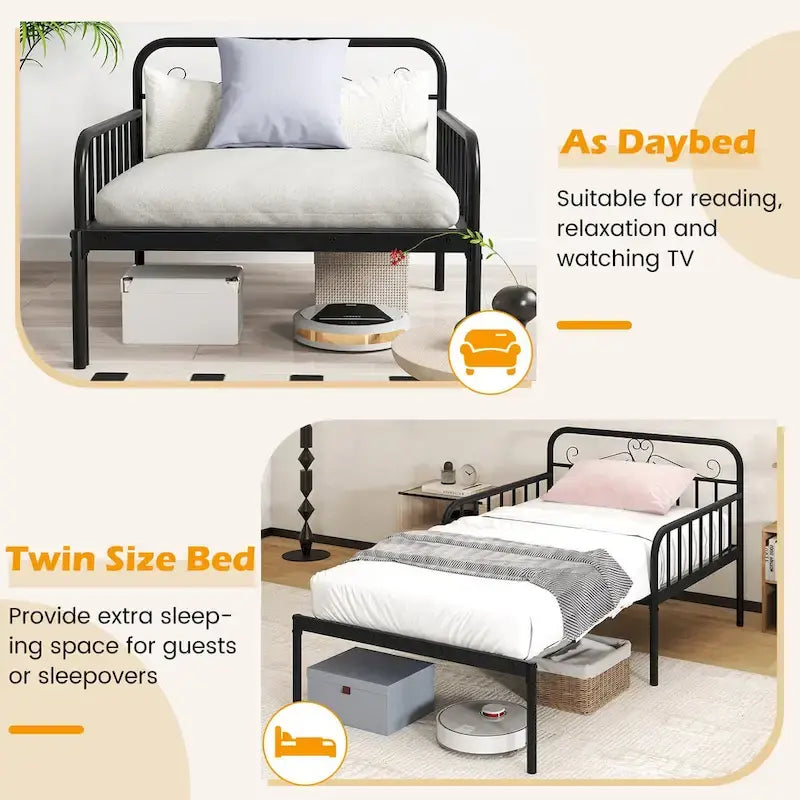 Lit de repos extensible en métal robuste blanc/noir avec balustrades et accoudoirs sculptés – S'étend jusqu'au format double – 1 personne