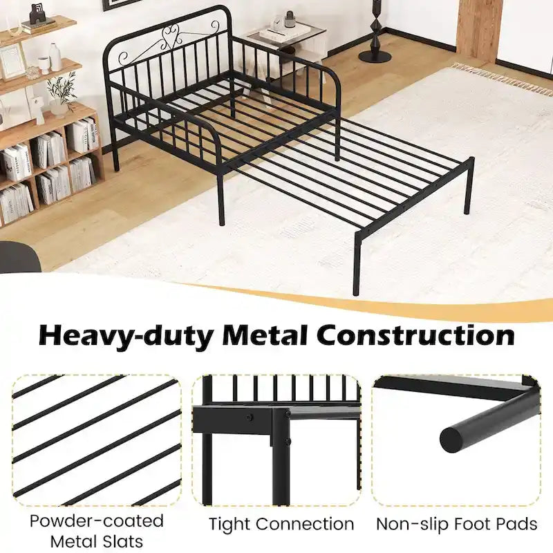 Lit de repos extensible en métal robuste blanc/noir avec balustrades et accoudoirs sculptés – S'étend jusqu'au format double – 1 personne