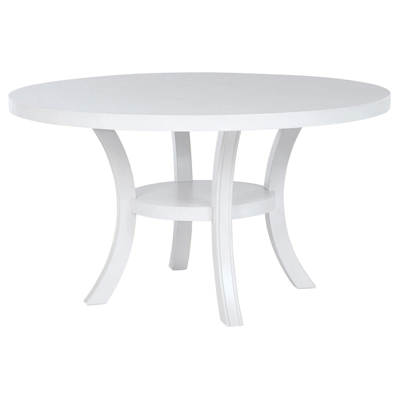 Table à manger ronde blanche de 137 cm avec pieds cannelés évasés et étagère inférieure – 4 à 6 personnes
