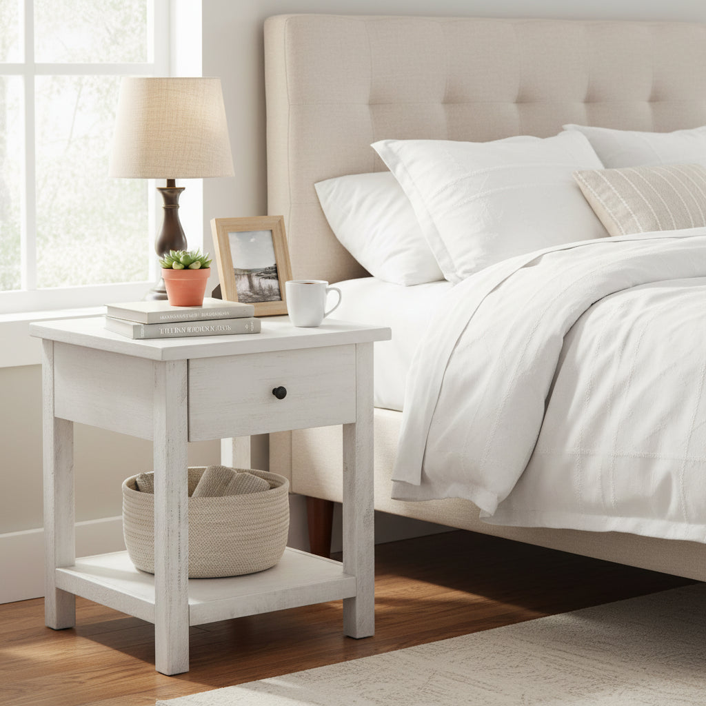 Ayne Side End Table, 1 Drawer, Distressed White Wood, Square 20 Inch