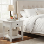 Ayne Side End Table, 1 Drawer, Distressed White Wood, Square 20 Inch