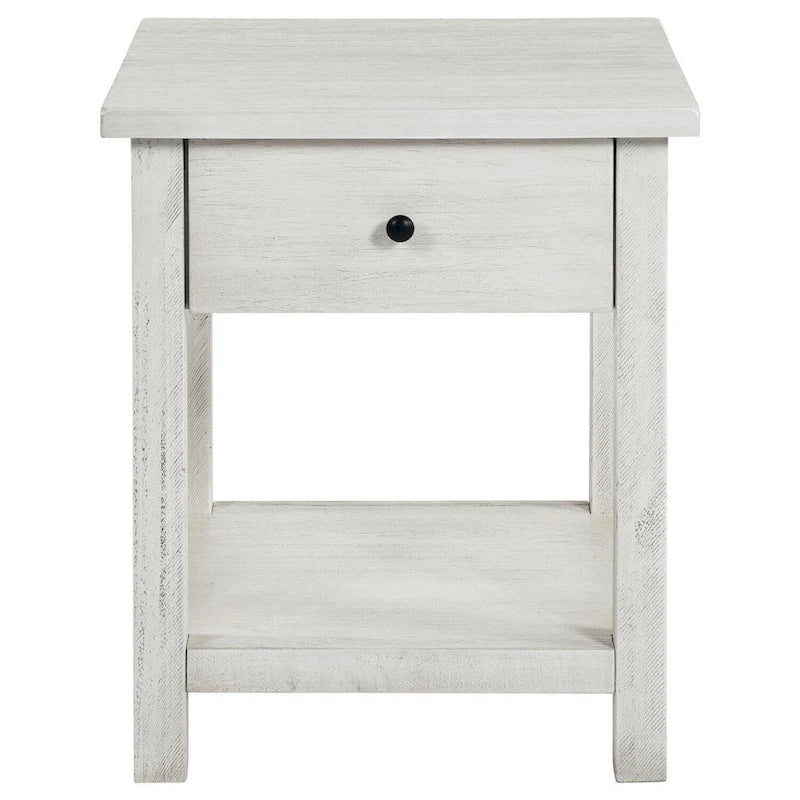 Table d'appoint carrée de style rustique, vieillie, blanche et noire, avec 1 tiroir et une étagère inférieure