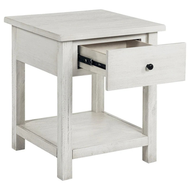 Table d'appoint carrée de style rustique, vieillie, blanche et noire, avec 1 tiroir et une étagère inférieure
