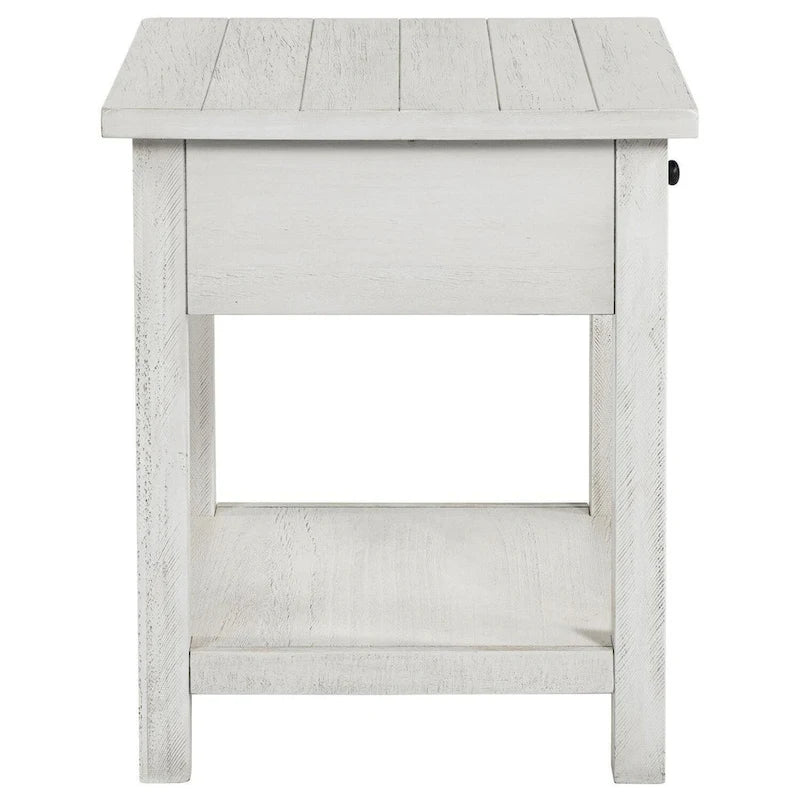 Table d'appoint carrée de style rustique, vieillie, blanche et noire, avec 1 tiroir et une étagère inférieure