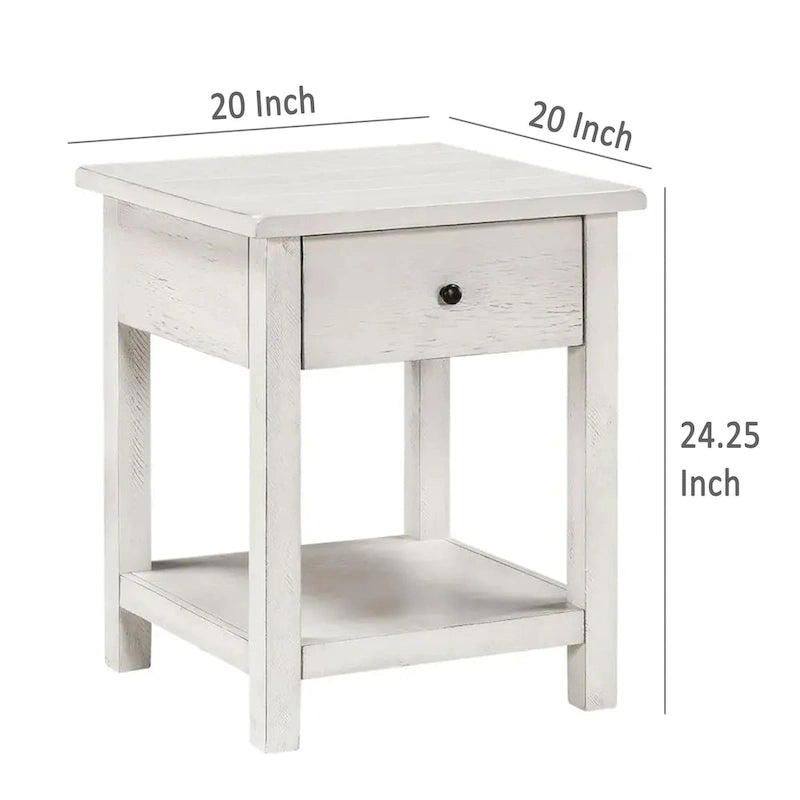 Table d'appoint carrée de style rustique, vieillie, blanche et noire, avec 1 tiroir et une étagère inférieure