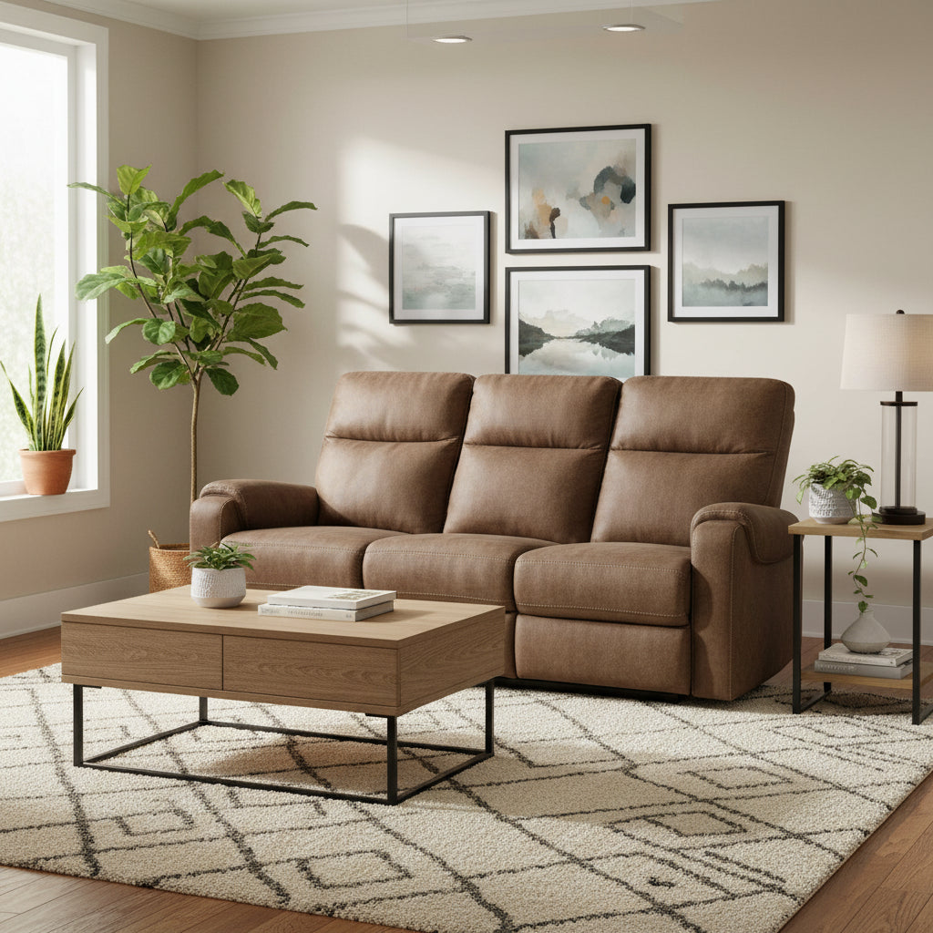 Woli Manual Recliner Sofa, 86 Inch, Classic Foam, Brown Faux Leather