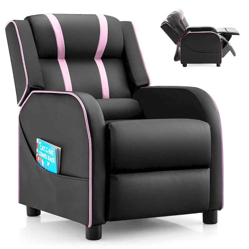Fauteuil inclinable pour enfants en cuir PU noir+rose / noir+blanc / noir+bleu / noir+rouge avec repose-pieds réglable – 1 place