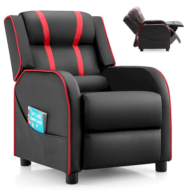 Fauteuil inclinable pour enfants en cuir PU noir+rose / noir+blanc / noir+bleu / noir+rouge avec repose-pieds réglable – 1 place