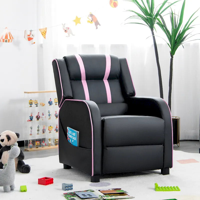 Fauteuil inclinable pour enfants en cuir PU noir+rose / noir+blanc / noir+bleu / noir+rouge avec repose-pieds réglable – 1 place