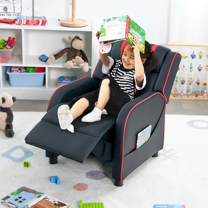 Fauteuil inclinable pour enfants en cuir PU noir+rose / noir+blanc / noir+bleu / noir+rouge avec repose-pieds réglable – 1 place