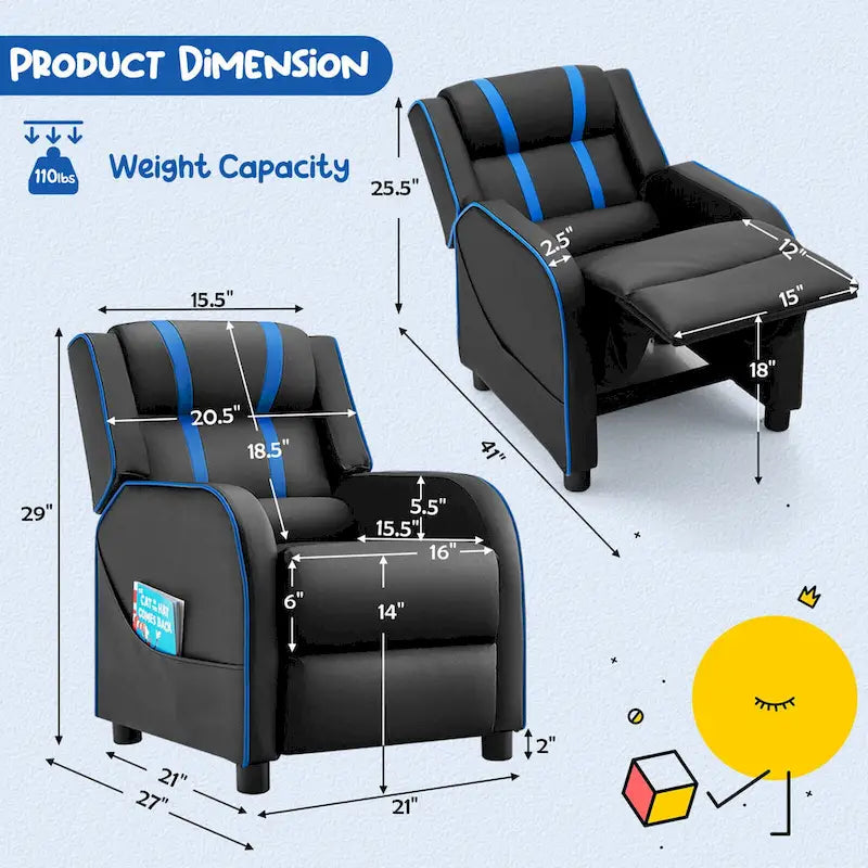 Fauteuil inclinable pour enfants en cuir PU noir+rose / noir+blanc / noir+bleu / noir+rouge avec repose-pieds réglable – 1 place
