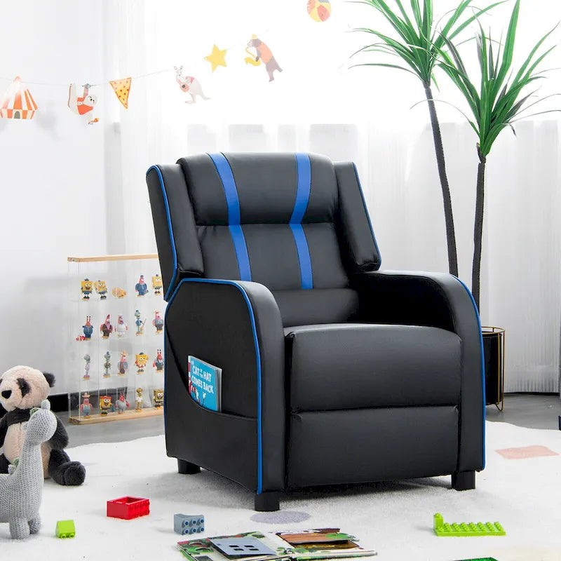 Fauteuil inclinable pour enfants en cuir PU noir+rose / noir+blanc / noir+bleu / noir+rouge avec repose-pieds réglable – 1 place