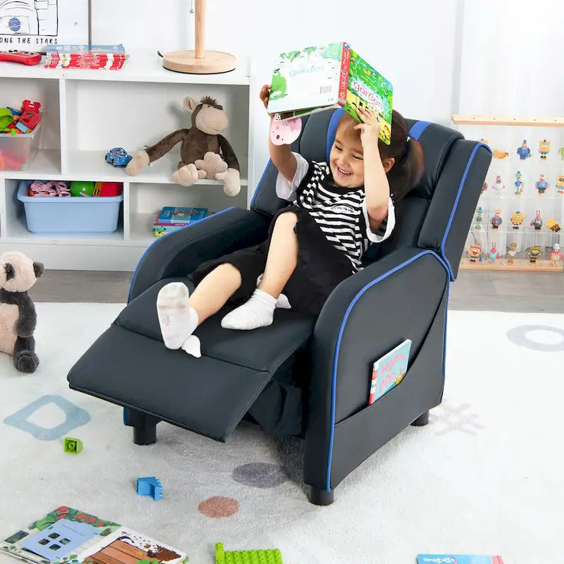 Fauteuil inclinable pour enfants en cuir PU noir+rose / noir+blanc / noir+bleu / noir+rouge avec repose-pieds réglable – 1 place