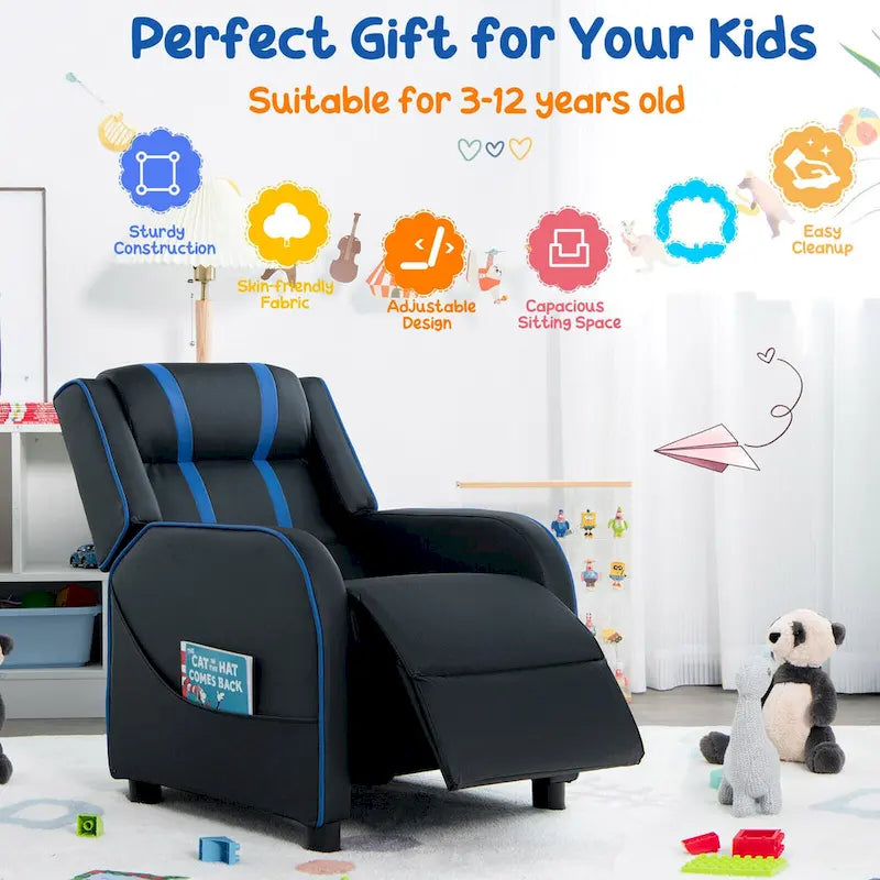 Fauteuil inclinable pour enfants en cuir PU noir+rose / noir+blanc / noir+bleu / noir+rouge avec repose-pieds réglable – 1 place