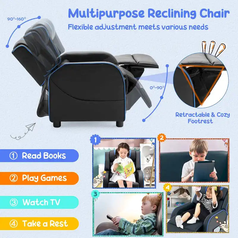 Fauteuil inclinable pour enfants en cuir PU noir+rose / noir+blanc / noir+bleu / noir+rouge avec repose-pieds réglable – 1 place