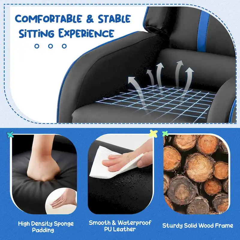 Fauteuil inclinable pour enfants en cuir PU noir+rose / noir+blanc / noir+bleu / noir+rouge avec repose-pieds réglable – 1 place