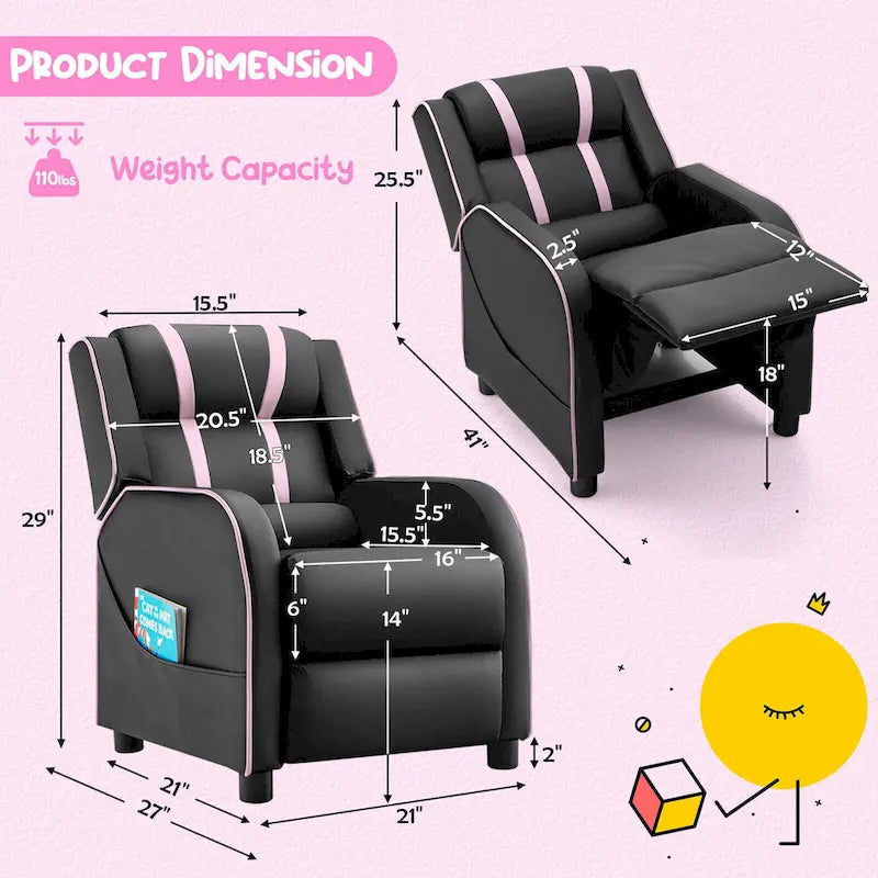 Fauteuil inclinable pour enfants en cuir PU noir+rose / noir+blanc / noir+bleu / noir+rouge avec repose-pieds réglable – 1 place
