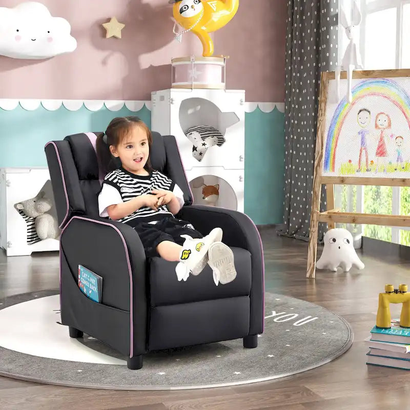 Fauteuil inclinable pour enfants en cuir PU noir+rose / noir+blanc / noir+bleu / noir+rouge avec repose-pieds réglable – 1 place