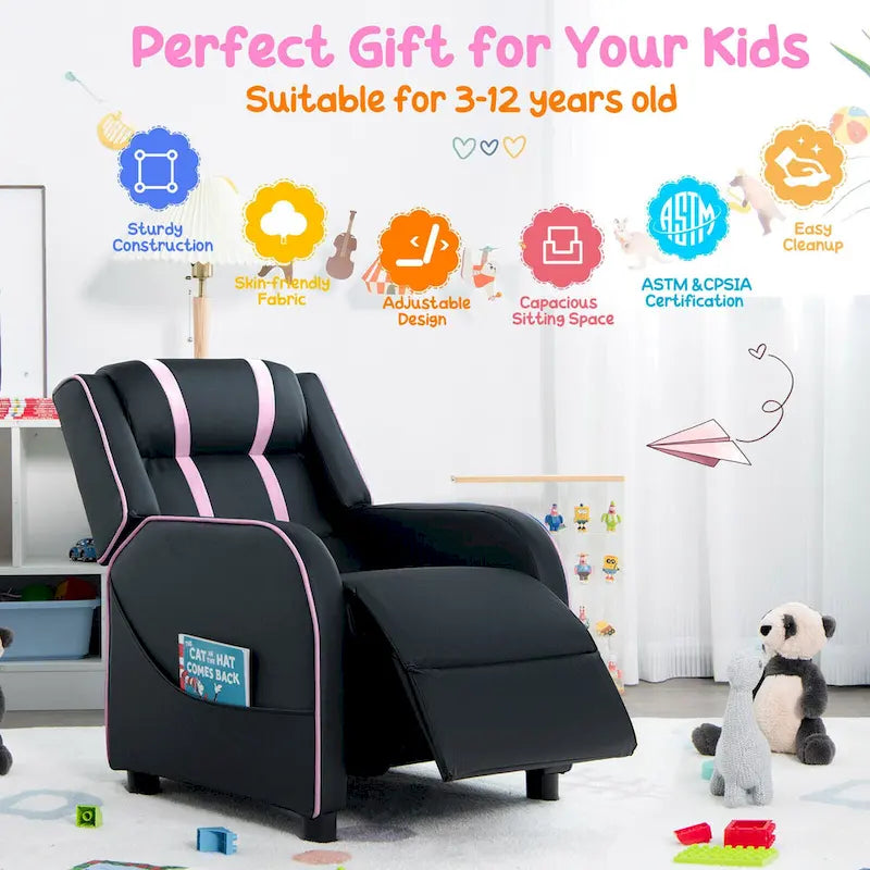 Fauteuil inclinable pour enfants en cuir PU noir+rose / noir+blanc / noir+bleu / noir+rouge avec repose-pieds réglable – 1 place
