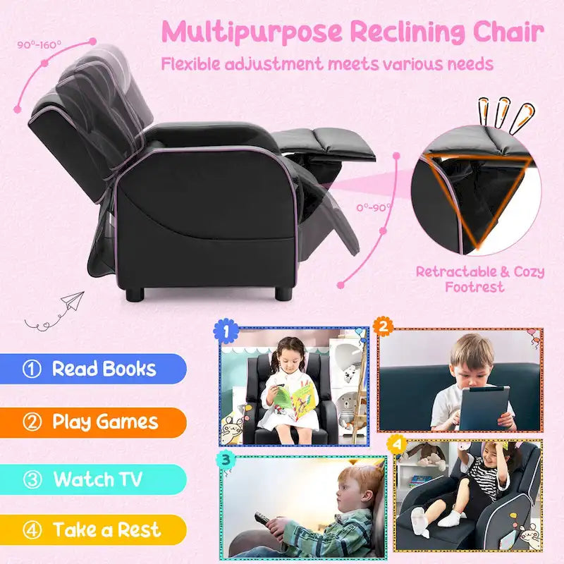 Fauteuil inclinable pour enfants en cuir PU noir+rose / noir+blanc / noir+bleu / noir+rouge avec repose-pieds réglable – 1 place