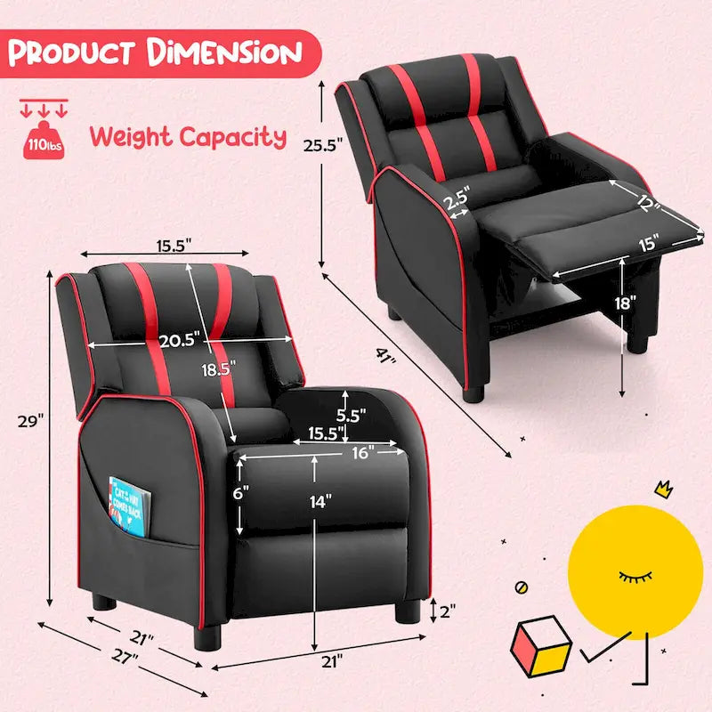 Fauteuil inclinable pour enfants en cuir PU noir+rose / noir+blanc / noir+bleu / noir+rouge avec repose-pieds réglable – 1 place
